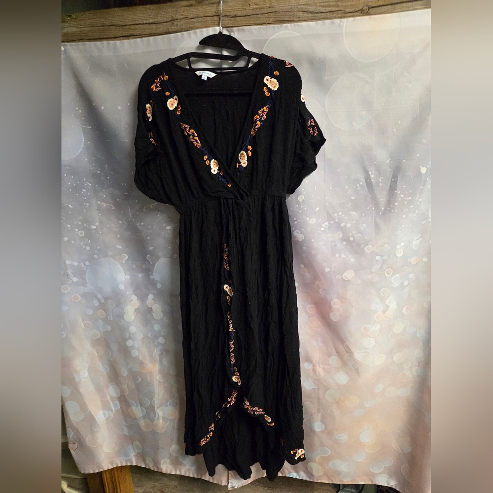 Blue Island Black Maxi Dress with Floral Embroidery